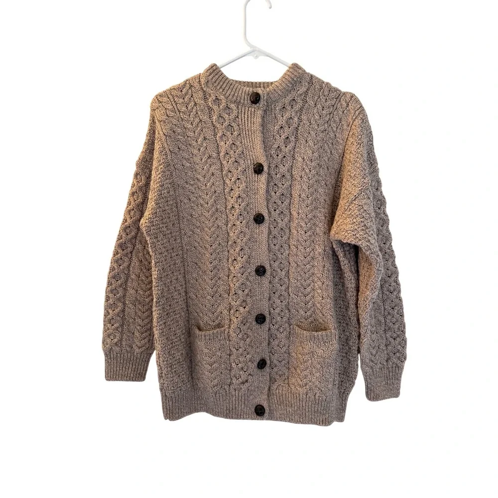 Aran Sweater Market Merino Wool Cable Knit Beige Cardigan Mens Medium Ireland